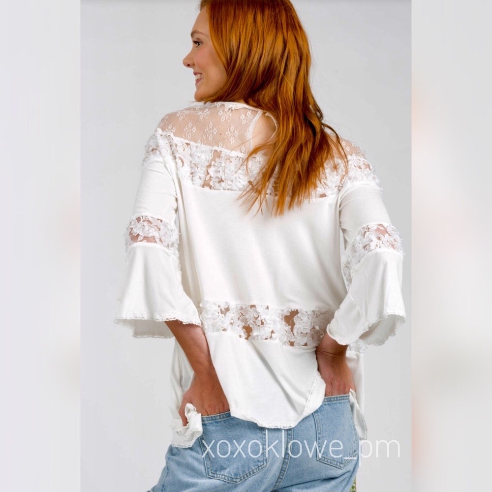 POL Ivory Rayon Jersey Lace Boho Top | 3D Floral Lace Sequin Detail Blouse - Picture 5 of 9